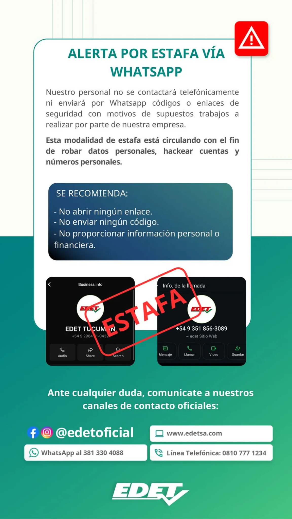 Estafas: EDET alerta a la comunidad por una estafa vía WhatsApp ...
